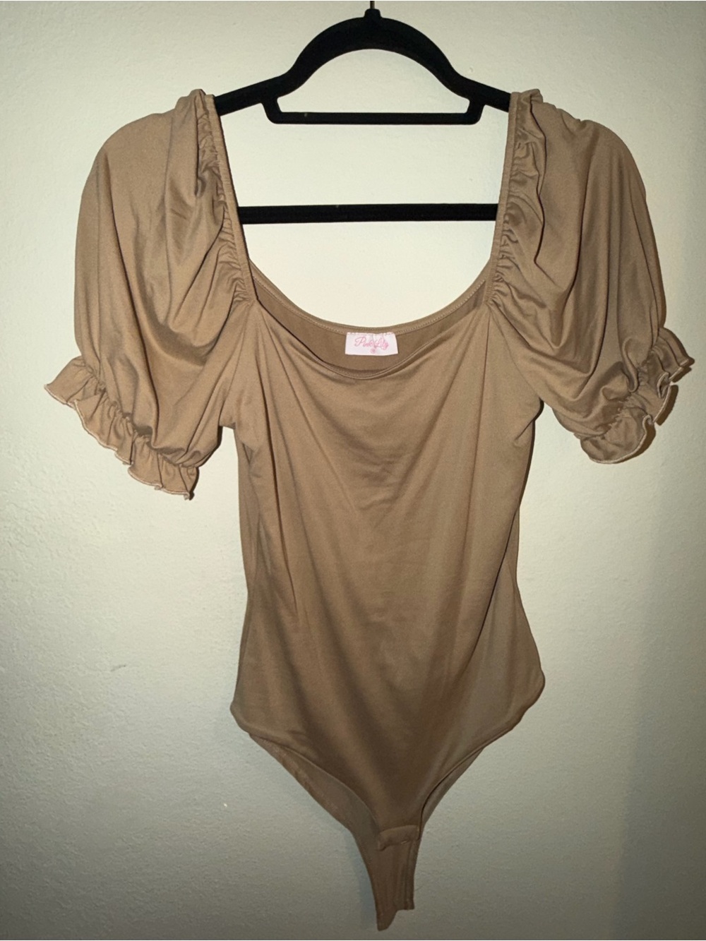 Pink Lily Tan Puff Sleeve Scoop Neck Bodysuit